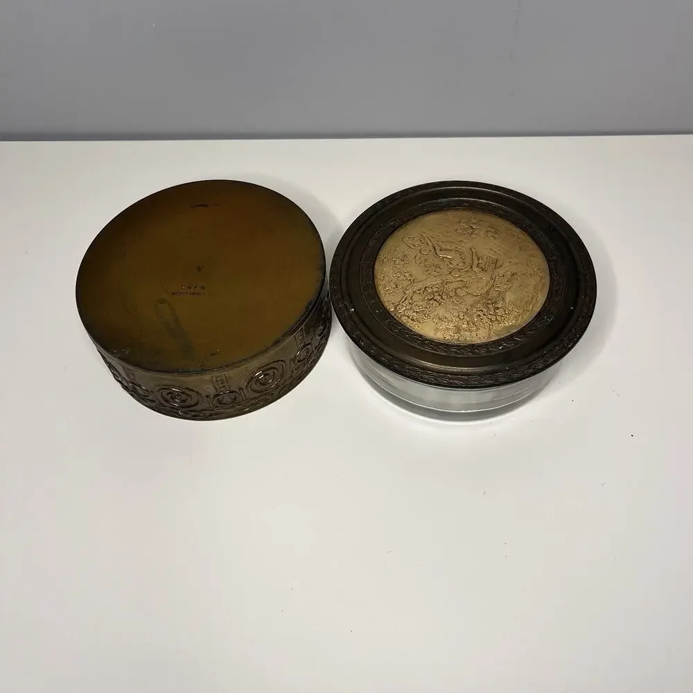 Pastoral Scene Gilded Brass Powder Trinket Box Mirrored Glass Insert Vintage